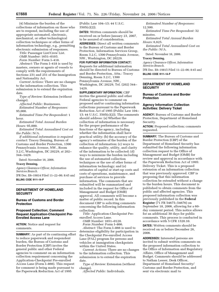Extension of CBP Information Collections | PDF | U.S. Customs And ...
