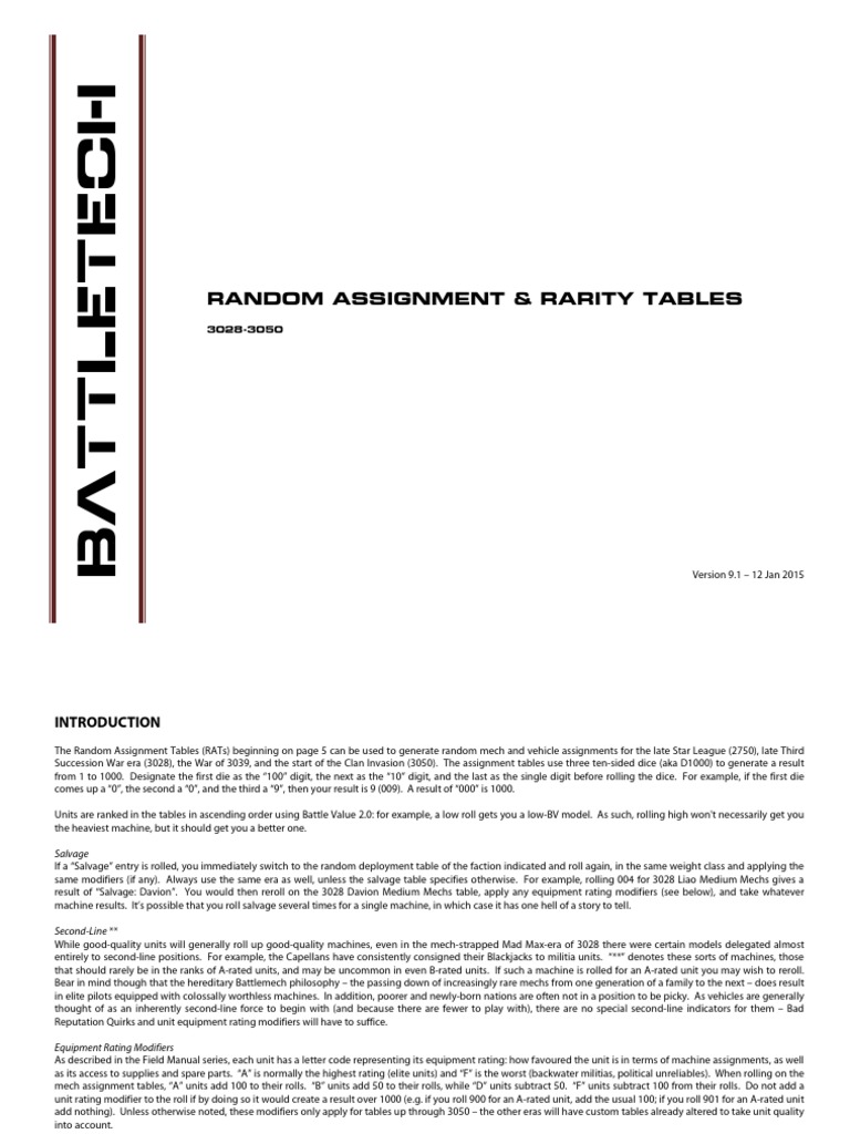 30283050 Random Assignment & Rarity Tables 9.1 Battle Tech Dice