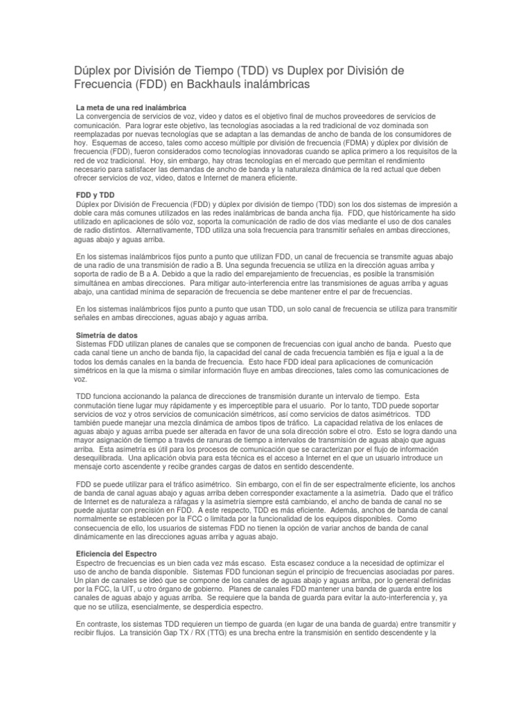 TDD vs FDD en Redes Inalámbricas | PDF | Duplex (Telecomunicaciones ...