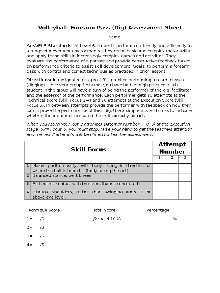 Forearm Pass Assessment Sheet | PDF | Sports & Recreation
