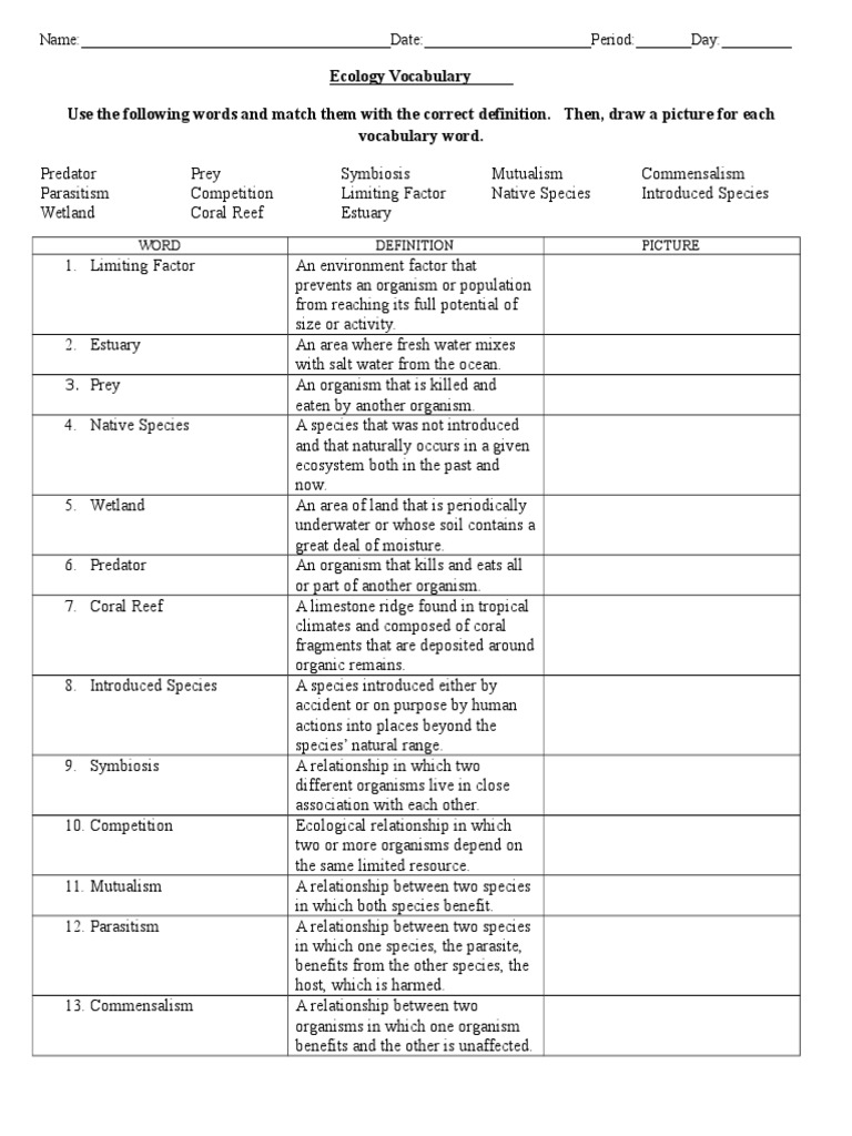 3 Column Notes Ecology Vocab Answers Ecosystem Food Web