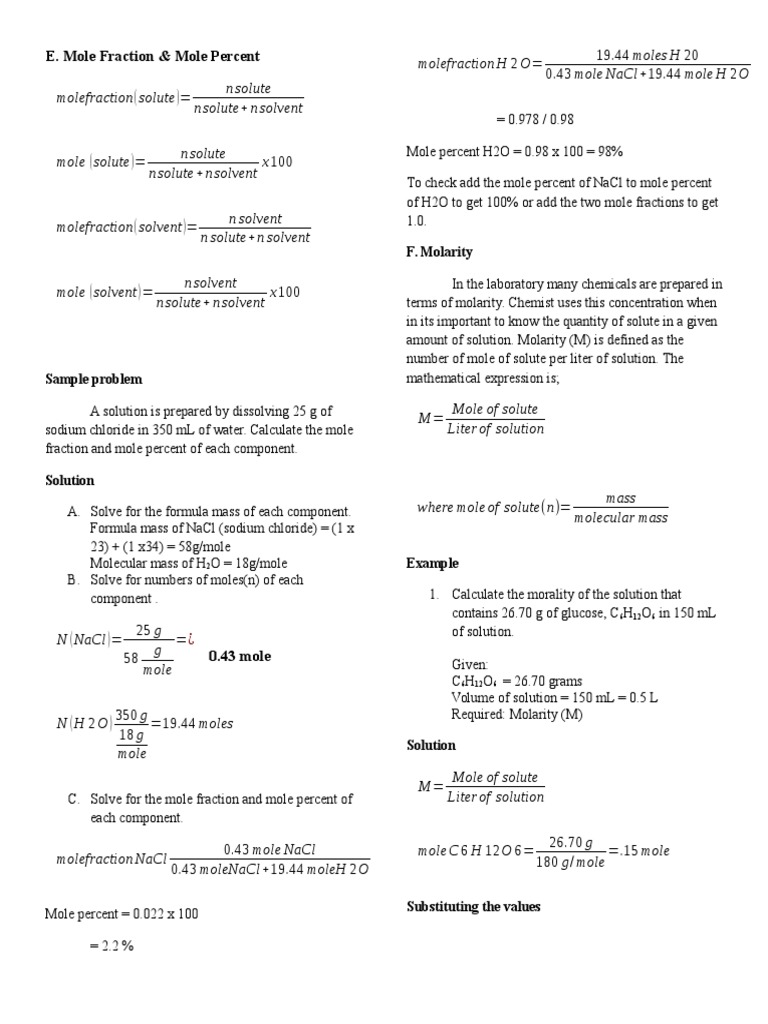 Chemistry Molarity And Molality Pdf Solution Molar Concentration