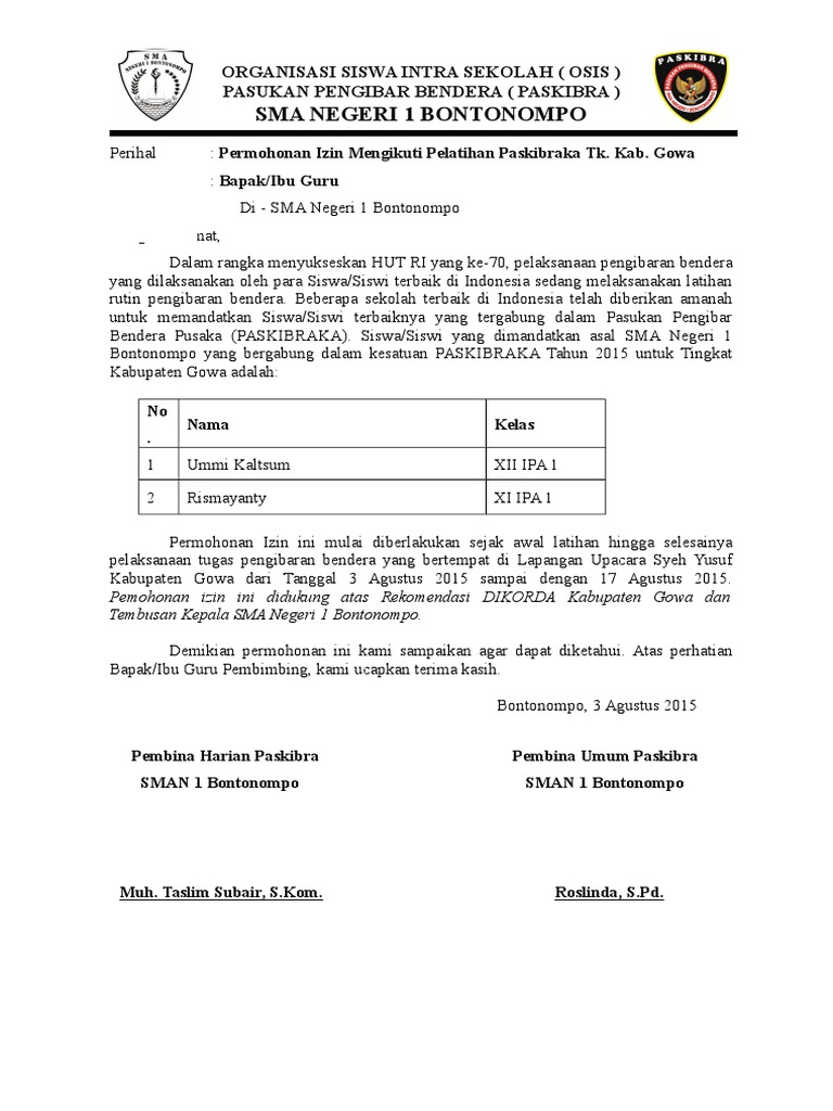 Surat Izin Mengikuti Seleksi Paskibraka