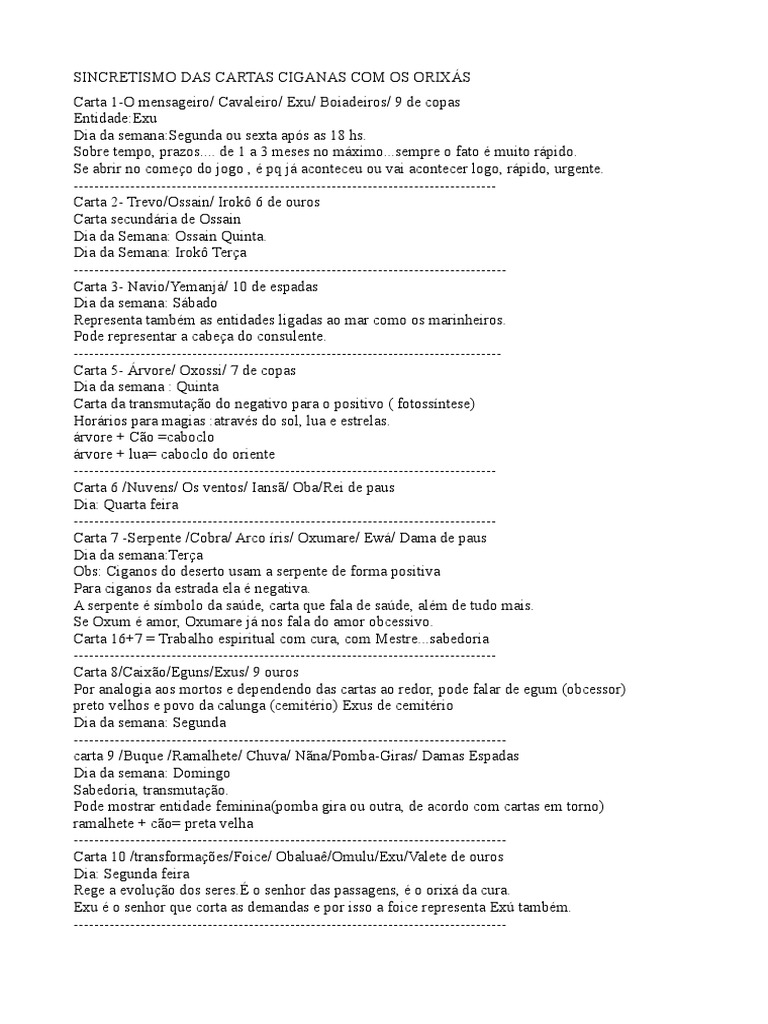 Sincretismo Do Baralho Cigano Com Os Orixás  Santeria 