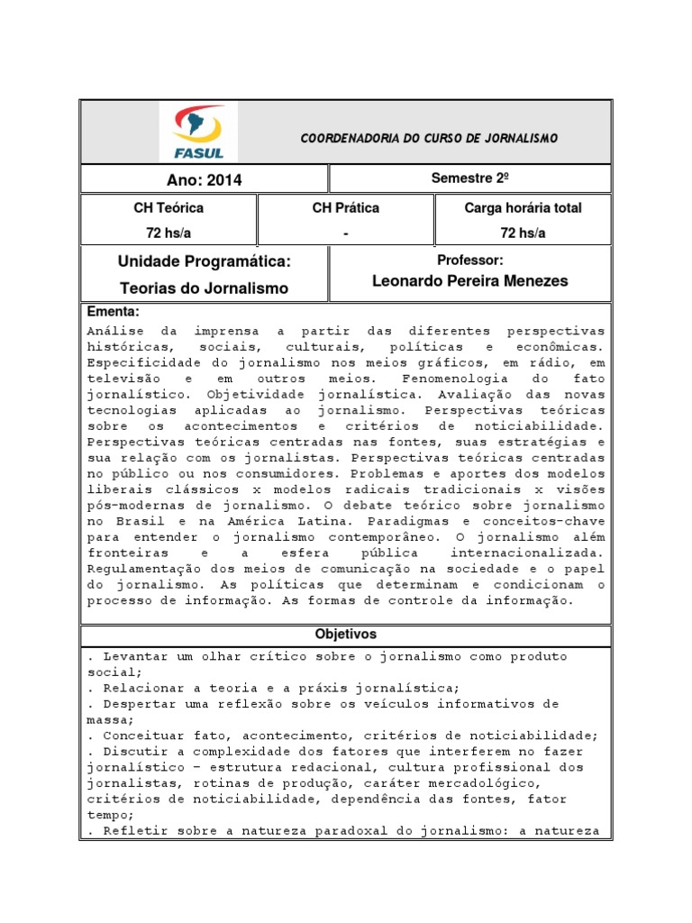 Teoria Do Jornalismo Plano De Aula Pdf Jornalismo Epistemologia