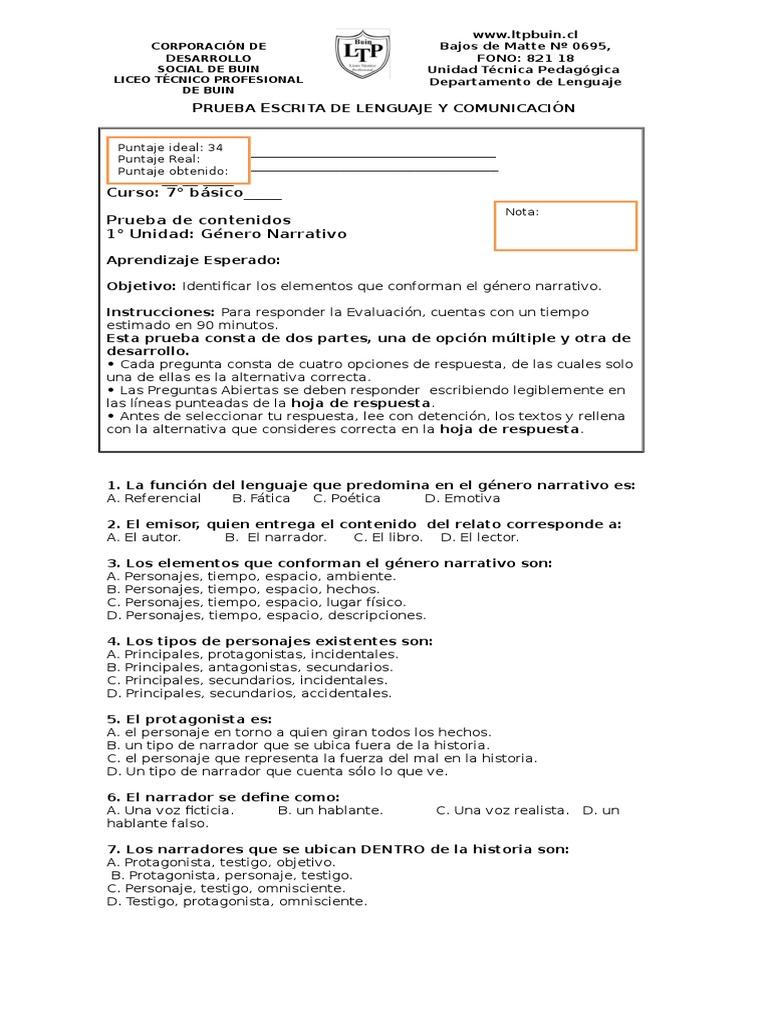 PRUEBA Género Narrativo Narrativa Narración