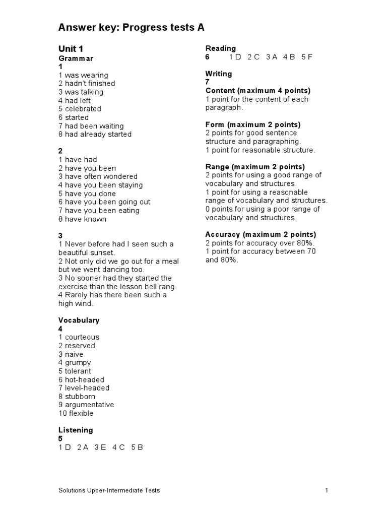 Answer Key: Progress Tests A: Unit 1 | PDF