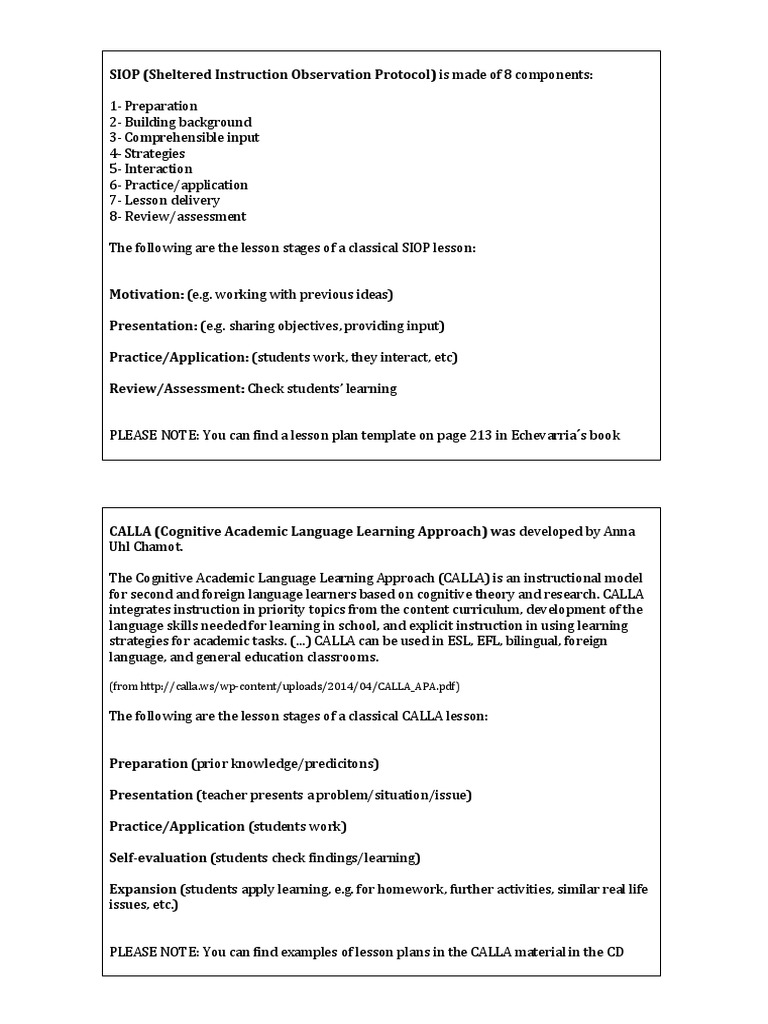 SIOP and CALLA Lesson Plan Overview | PDF
