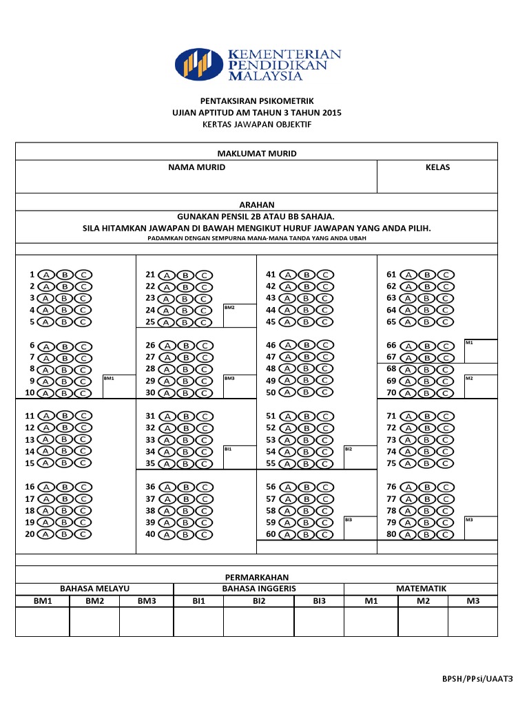Borang Jawapan Psikometrik Uaat3 Pdf