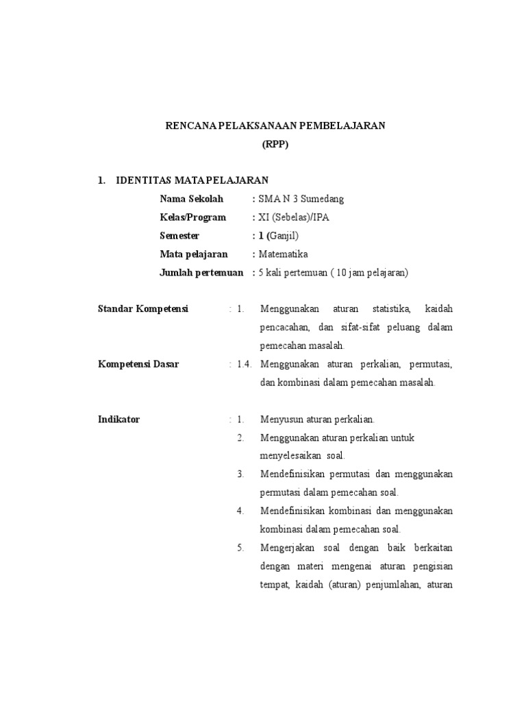 Rpp Peluang Kelas Xi Ipa