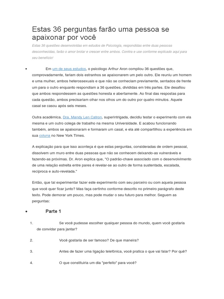 36 perguntas para se apaixonar por qualquer pessoa