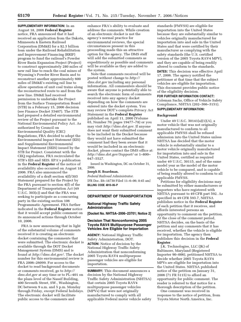 Notice Motor Vehicle Safety Standards Nonconforming Vehicles