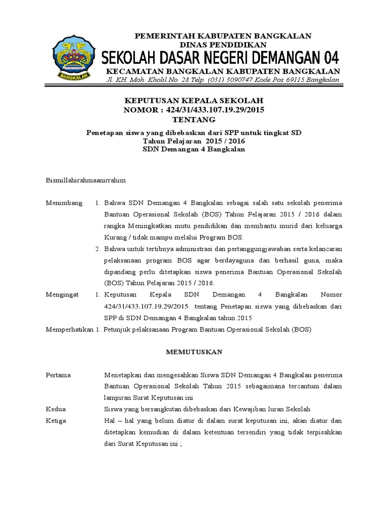 Surat Ketetapan Kepala Sekolah Mengenai Pembebasan Biaya