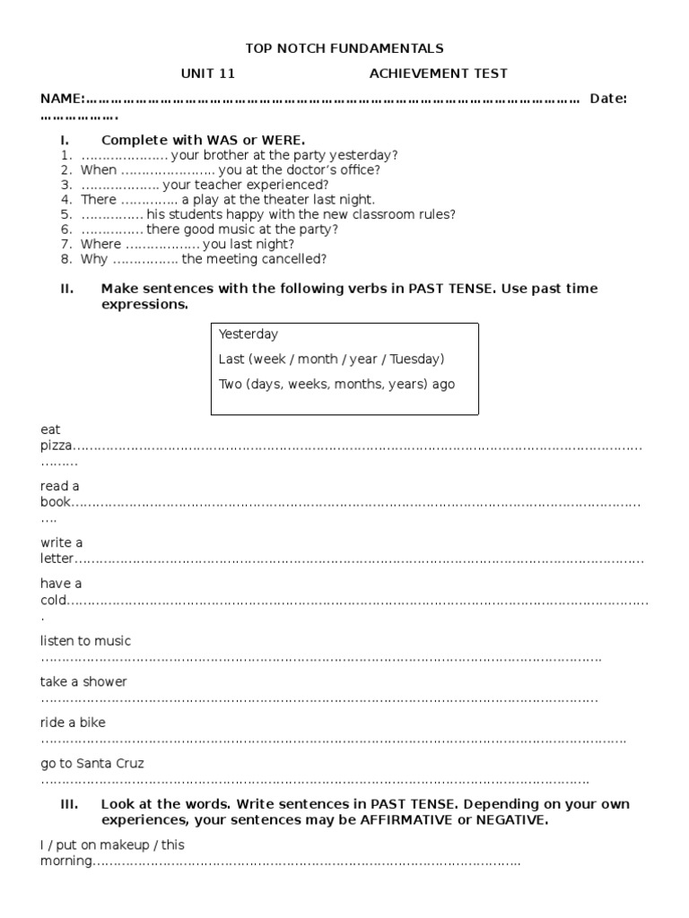 Achievement Test Unit 11 Top Notch Fundamentals PDF
