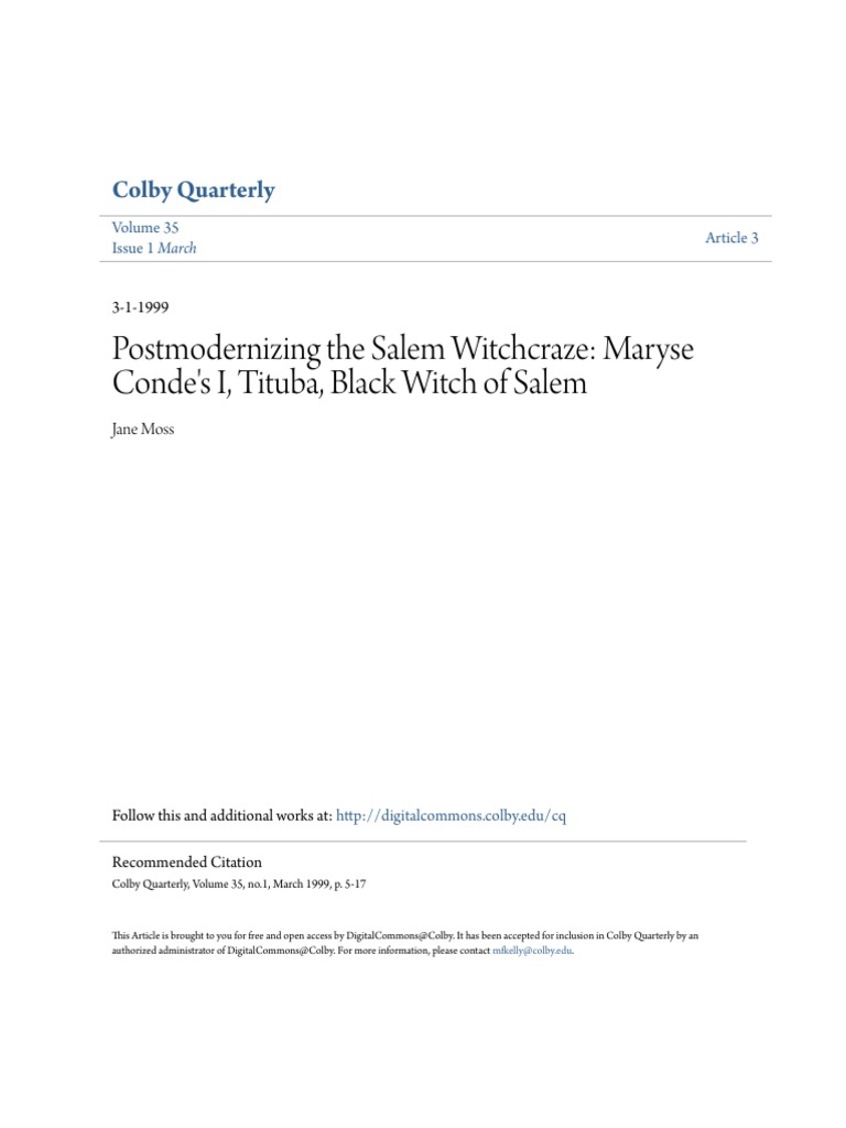 Postmodernizing The Salem Witchcraze Maryse Condes I Tituba B Politics General Philosophical Science