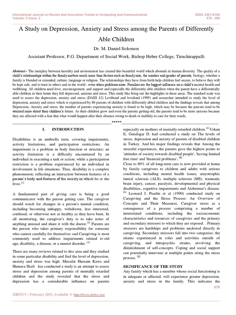 A Study On Depression, Anxiety and Stress Among The Parents of ...