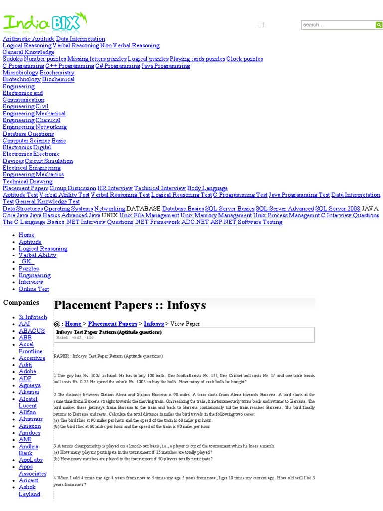 Infosys Placement Papers Infosys Test Paper Pattern Aptitude Questions ID 3778 pdf