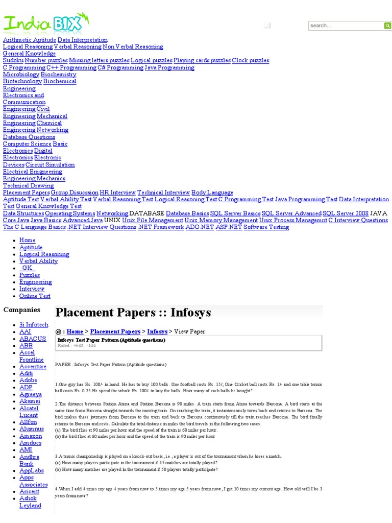 Infosys Placement Papers Infosys Test Paper Pattern Aptitude Questions ID 3778 PDF