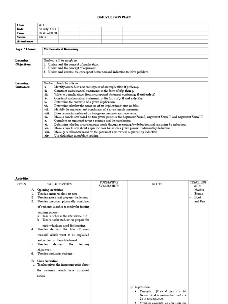 Daily Lesson Plan 3 - Math Reasoning | Deductive Reasoning | Argument