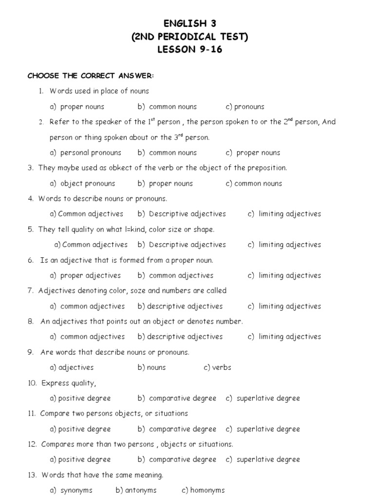 worksheet Adjective Worksheets 3rd Grade worksheet adjectives exercises for grade 3 yaqutlab free english 2nd periodical test lesson 9 16 adjective noun