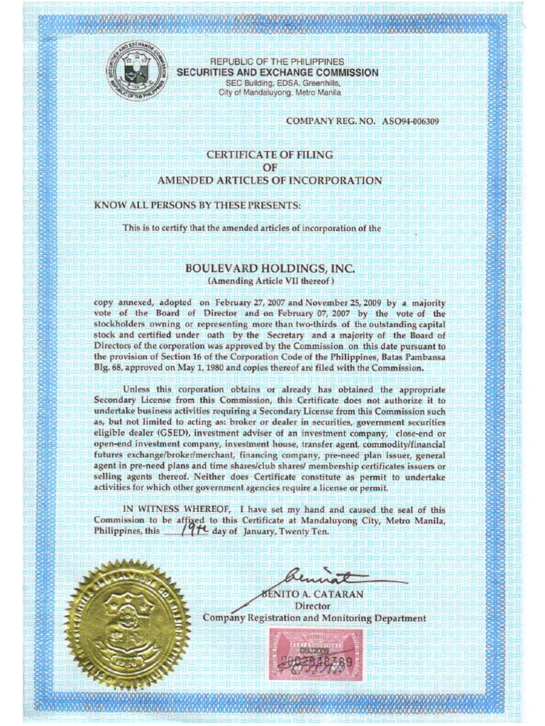 BHI SEC Cert & Amended Articles of Incorporation PDF PDF Securities