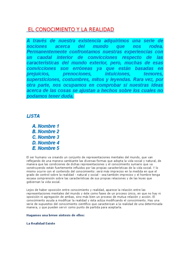 El Conocimiento y La Realidad | PDF | Realidad | Conocimiento