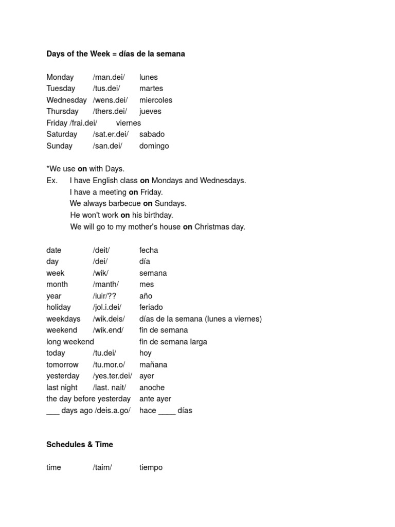 Days Time Schedule PDF