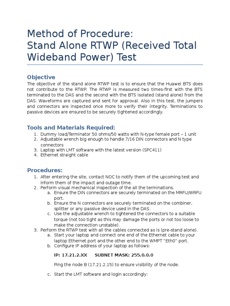 Stand Alone RTWP Test Procedure | PDF | Electrical Connector | Laptop