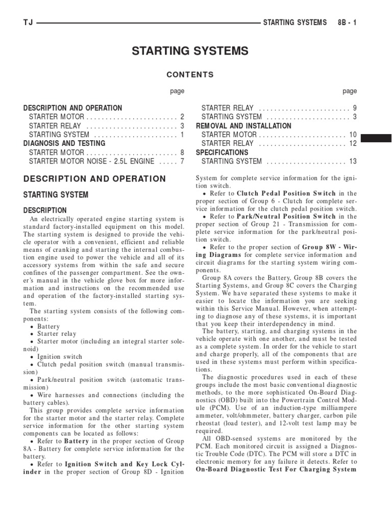 1999 Jeep TJ Wrangler Service Manual - 08. Electrical Systems | Manual  Transmission | Relay