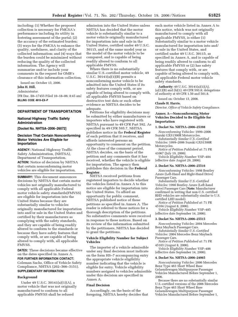Notice Motor vehicle safety standards Nonconforming vehicles