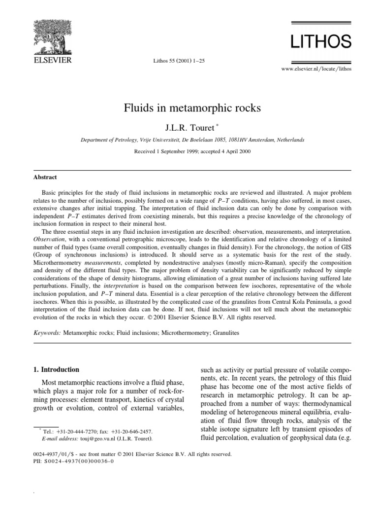 Fluid Inclusions in Metamorphic Rocks | PDF | Rock (Geology) | Minerals