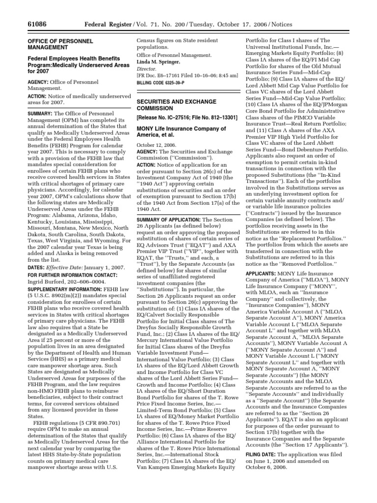 Notice Investment Company Act of 1940 MONY Life