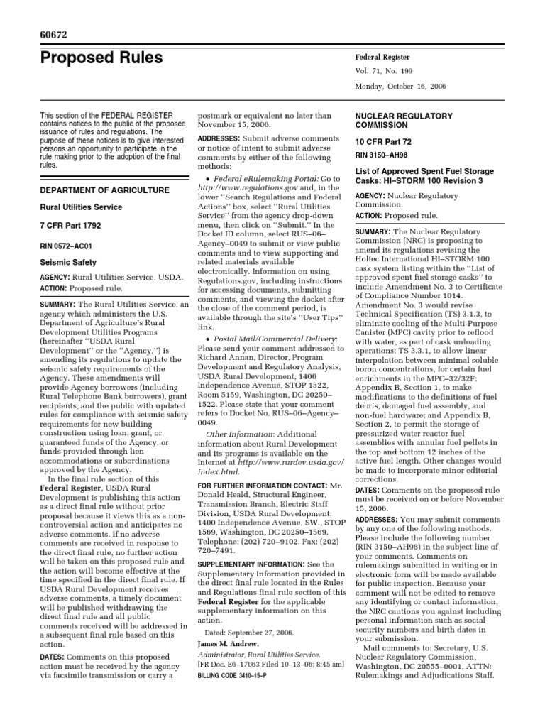 Proposed Rule Spent Nuclear Fuel and HighLevel Radioactive Waste