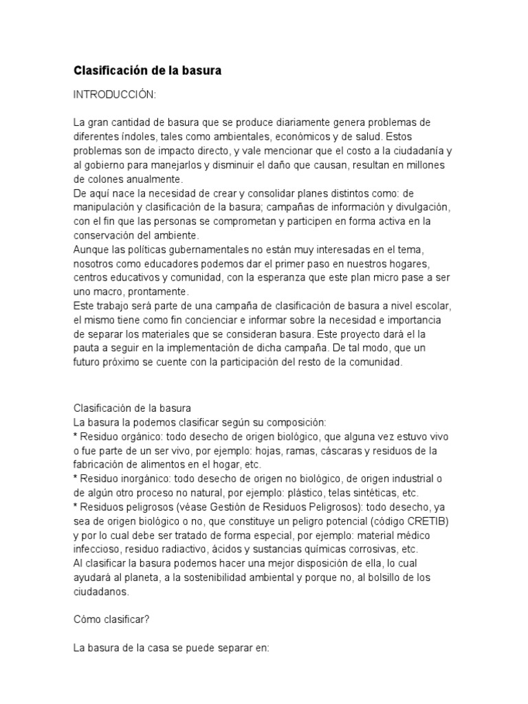 Clasificación de la Basura y su Importancia | PDF | Residuos ...
