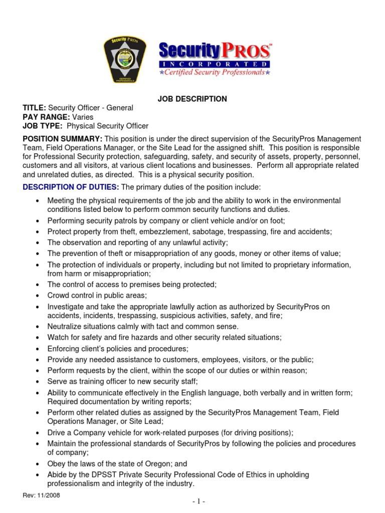 Security Officer Job Description Security Guard Criminal Record