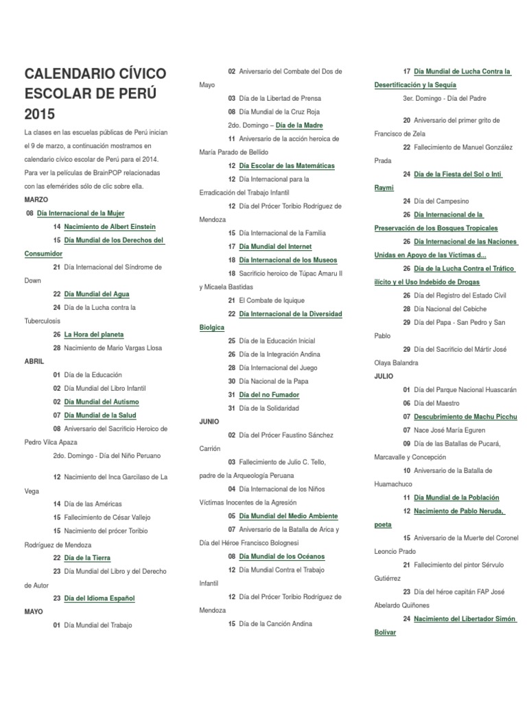 Calendario Cívico Escolar de Perú PDF Perú Agitación