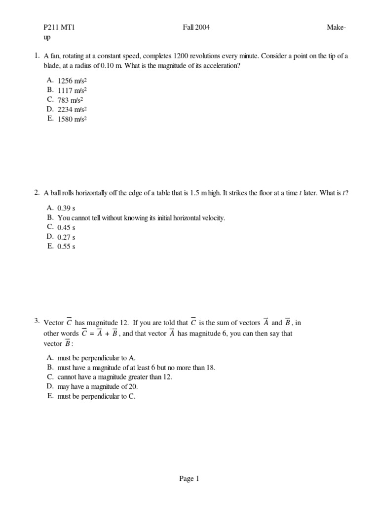 Physics 211 Midterm Exam 1 Review | PDF | Force | Mass