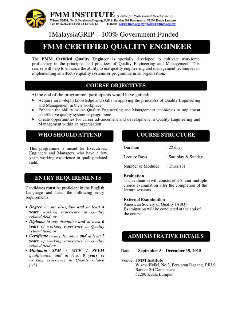 FMM Certified Quality Engineer Course A Comprehensive Guide to Quality Engineering and