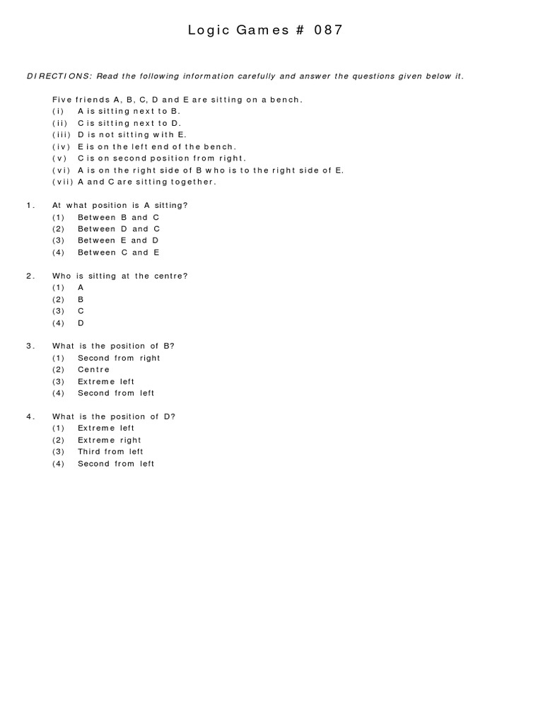 Logic Games # 087: DIRECTIONS: Read The Following Information Carefully ...