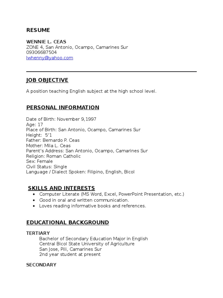 English Teacher Resume: Wennie Ceas | PDF