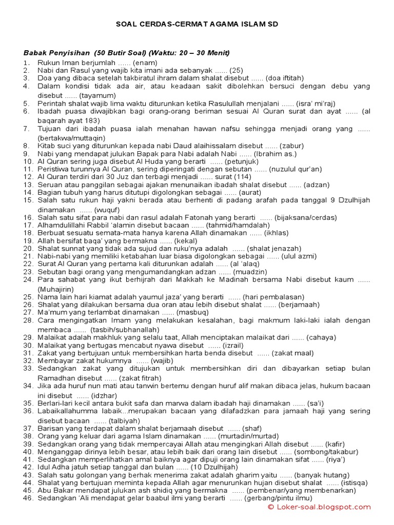 Soal Cerdas Cermat Pai Sd