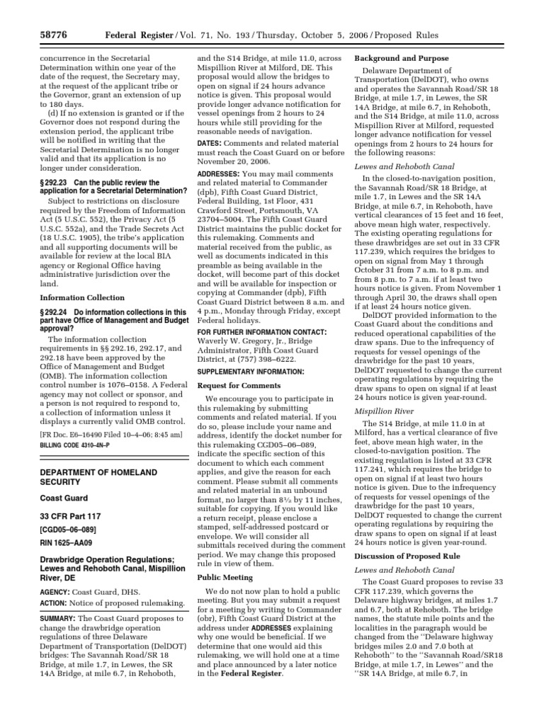 Proposed Rule: Drawbridge Operations: Delaware | PDF | Federal ...