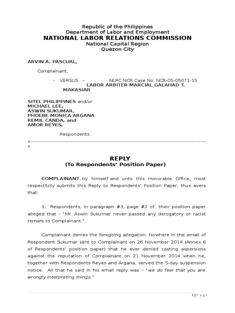 SAMPLE REPLY TO RESPONDENTS' POSITION PAPER | Retención de impuestos ...