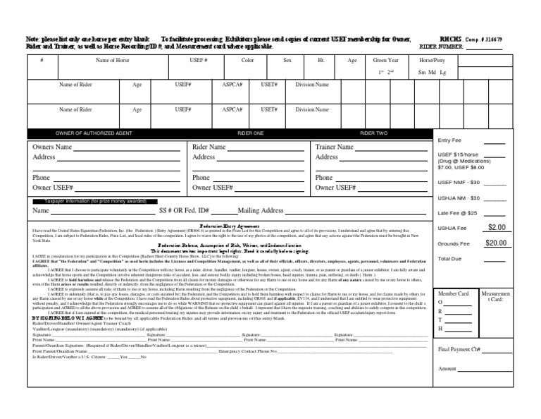 Horse Show Entry Form and Agreement | PDF