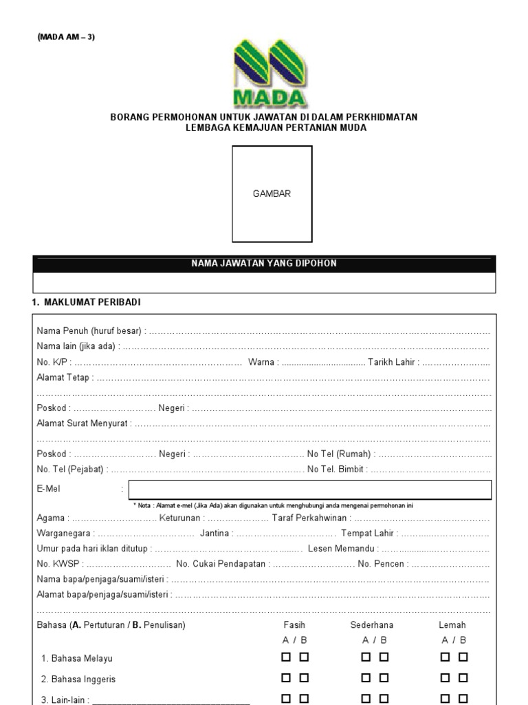 Borang Permohonan Jawatan Lembaga Kemajuan Pertanian Muda 