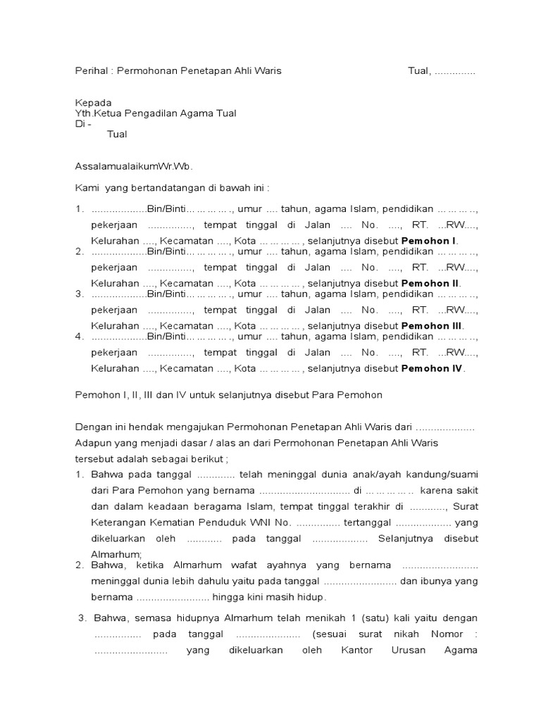 Contoh Permohonan Waris