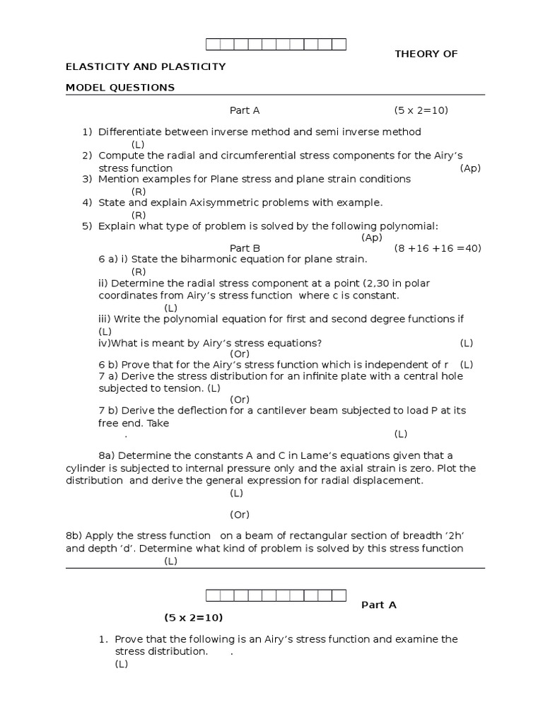 Elasticity and Plasticity Model Questions | PDF | Stress (Mechanics ...