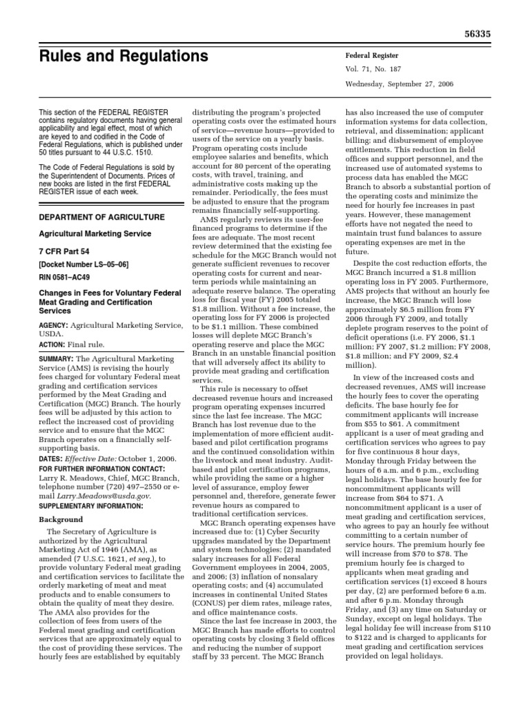 USDA Fee Changes for Meat Grading Services | PDF | Government | Business