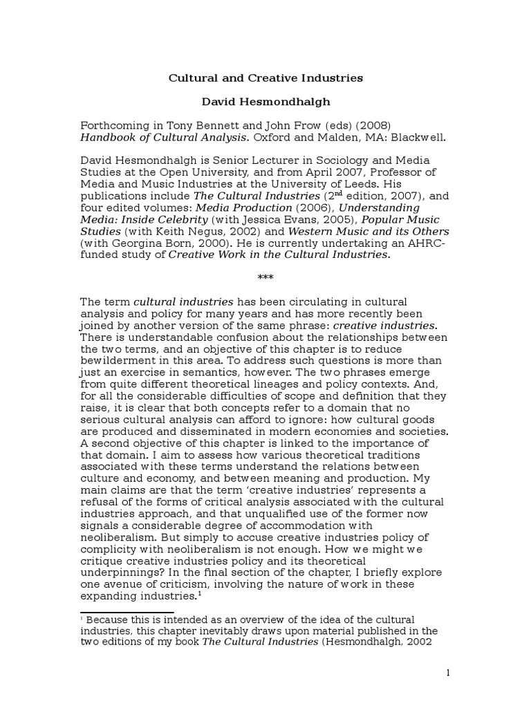 Hesmondhalgh Creative and Cultural Industries | PDF