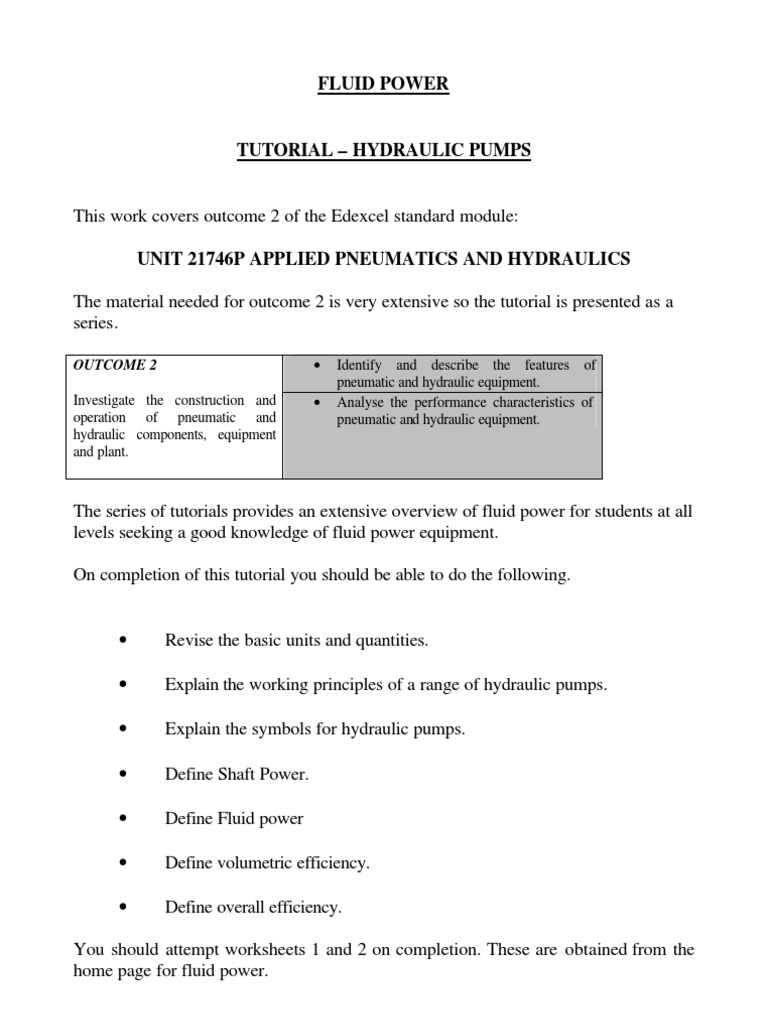 Tutorial 02 Hydraulic Pumps PDF Litre Pump